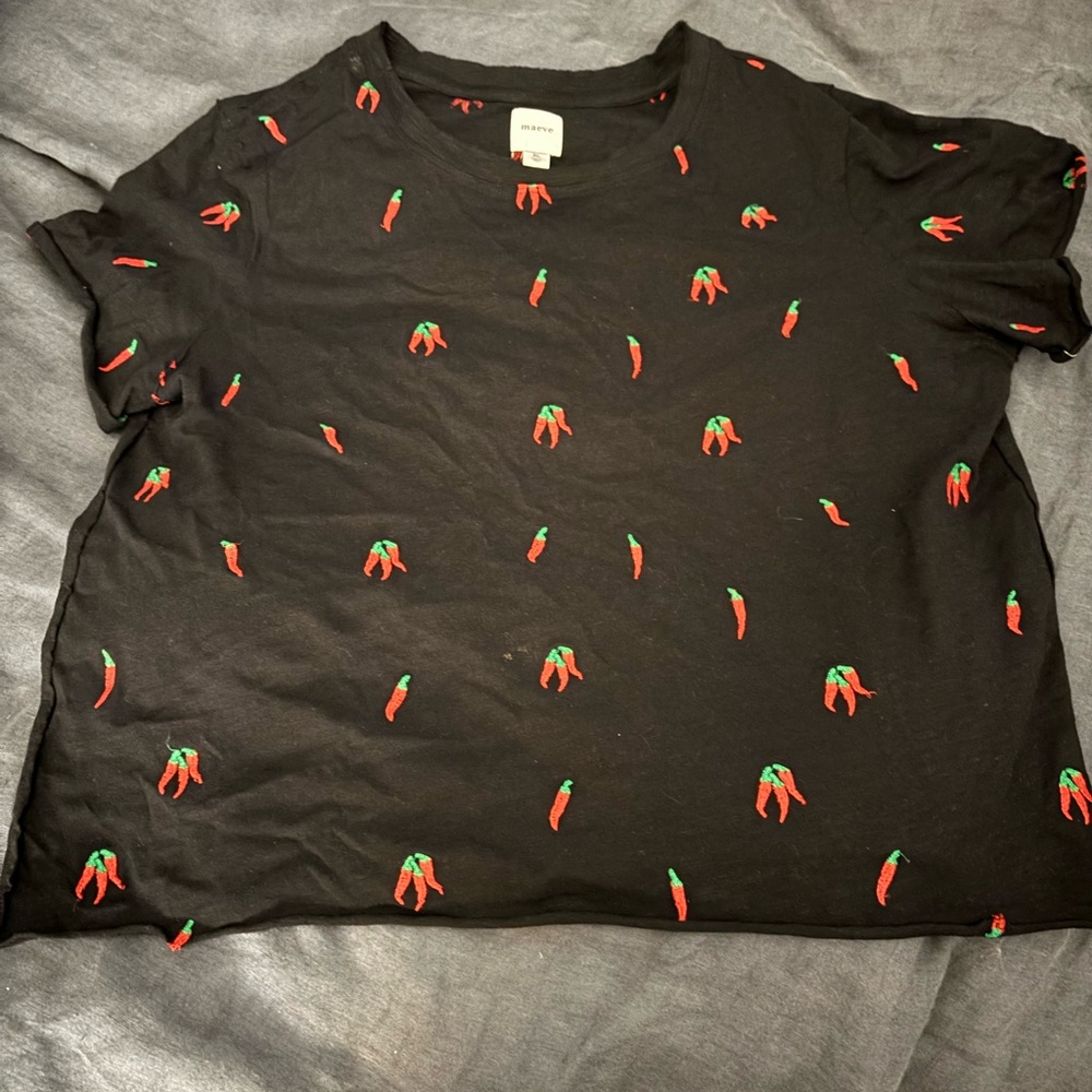 Maeve Black Tee with Red and Green Chili Pepper Embroidered Accents